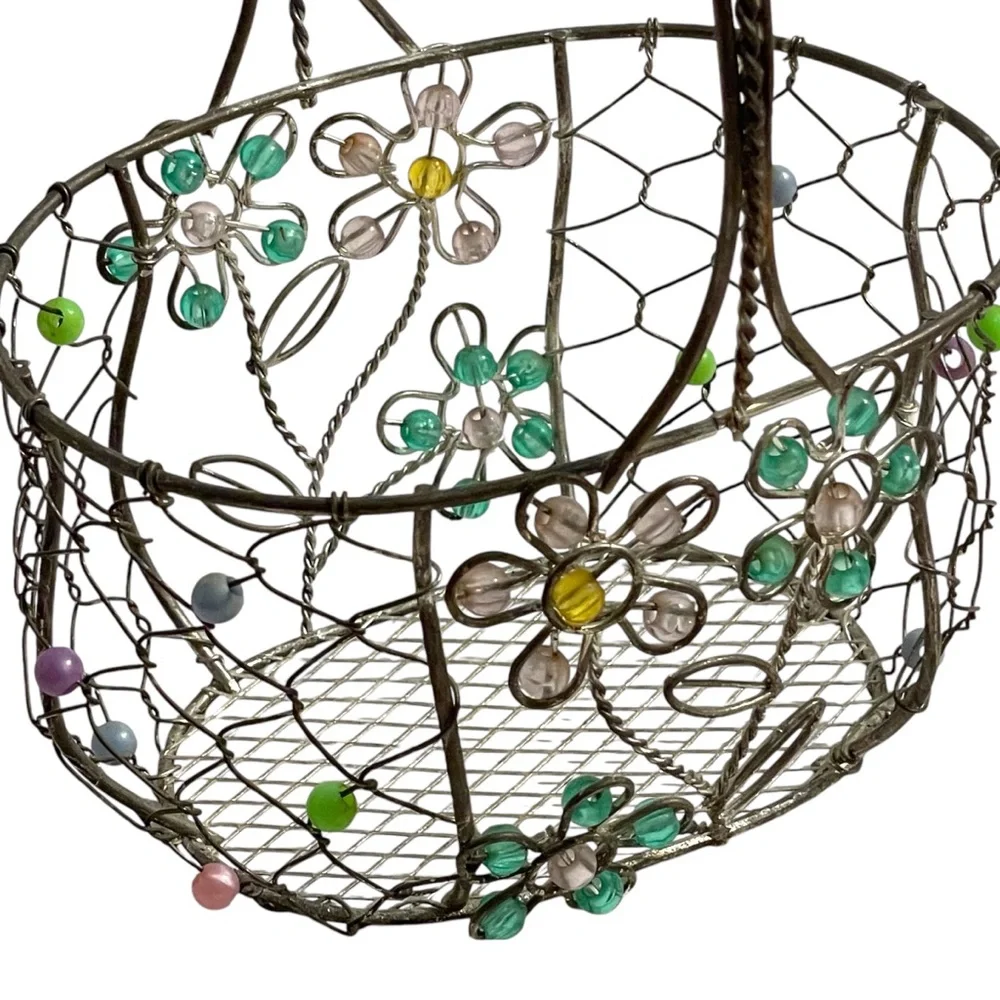 Vintage Metal Wire Basket, Pink & Green Beaded Daisies Flowers, silver tone